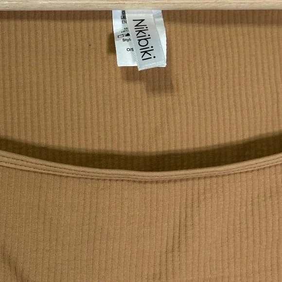 Nikibiki Womens Ribbed Square Neck Long Sleeve Top Camel Tan Seamless NS4061 - Picture 3 of 4